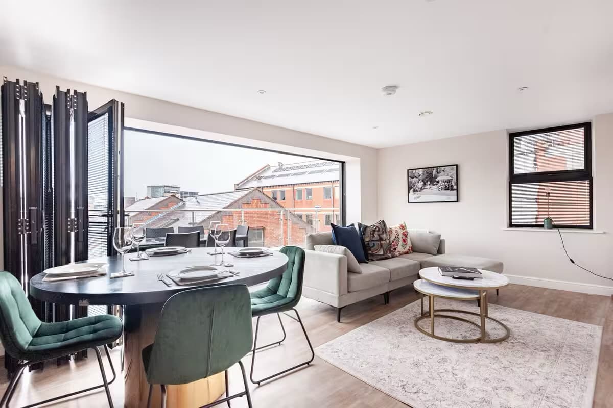 The Penthouse living space opening onto the terrace, central Leeds